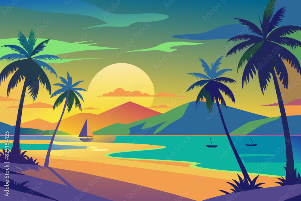 A serene beach with golden sand, gentle waves, and tall palm trees swaying under a vibrant sunset sky.