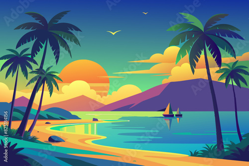 A serene beach with golden sand, gentle waves, and tall palm trees swaying under a vibrant sunset sky.