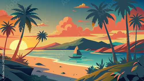 A serene beach with golden sand, gentle waves, and tall palm trees swaying under a vibrant sunset sky.