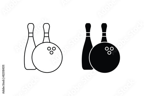 Vector set of bowling. Sport icons set. Bowling game. Bowling ball and pin icon. Simple icon skittles with ball. Logo template. Bowling club, tournaments.