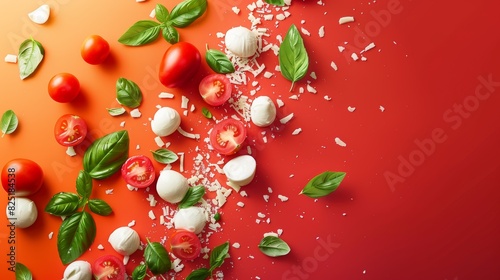 Cascading Tomatoes, Mozzarella, and Basil Against Sunset Gradient Background - Ideal for Gourmet Posters and Culinary Designs © spyrakot
