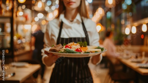 Closeup waitress in uniform holding a tray with food in a hotel or restaurant hall