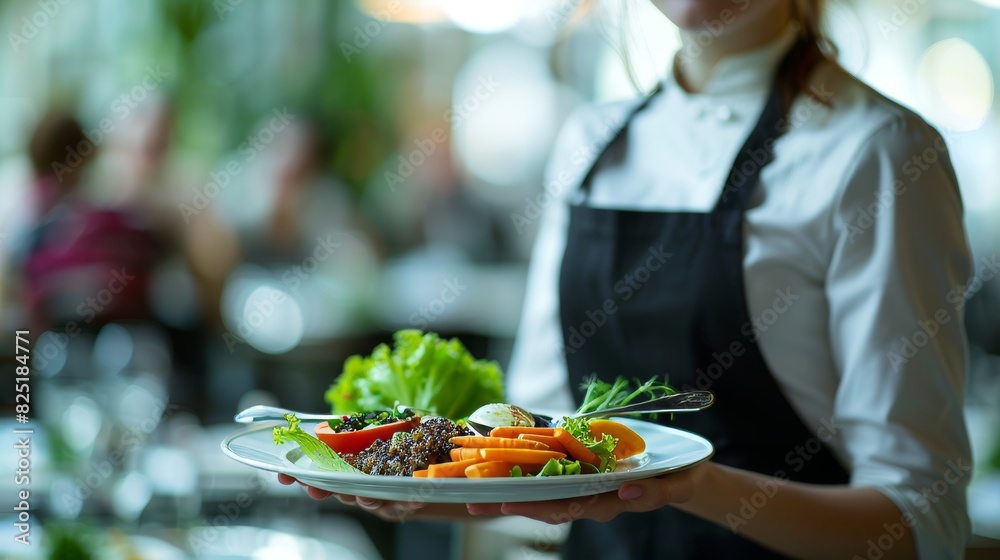 Closeup waitress in uniform holding a tray with food in a hotel or restaurant hall Closeup waitress in uniform holding a tray with food in a hotel or restaurant hall