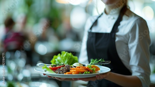 Closeup waitress in uniform holding a tray with food in a hotel or restaurant hall