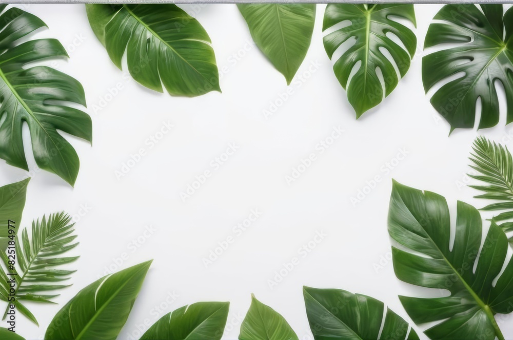 Fototapeta premium Tropical leaves frame background in a flat lay composition.