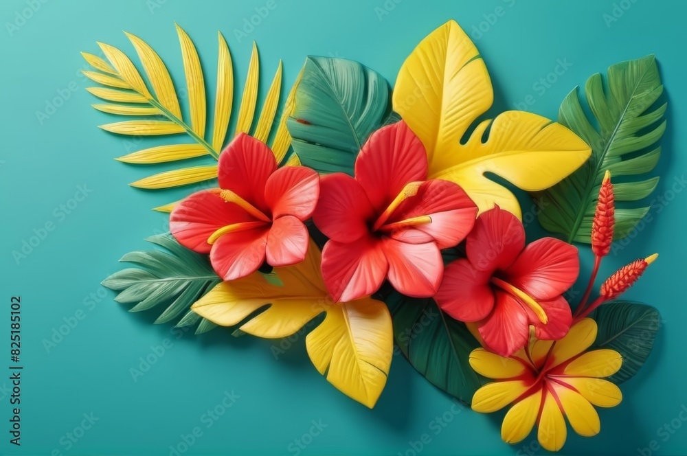 Obraz premium 3D tropical summer floral arrangement in red and yellow on green background .