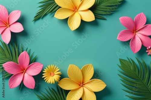 3D tropical summer floral arrangement in pink and yellow on green background for a minimal product presentation .