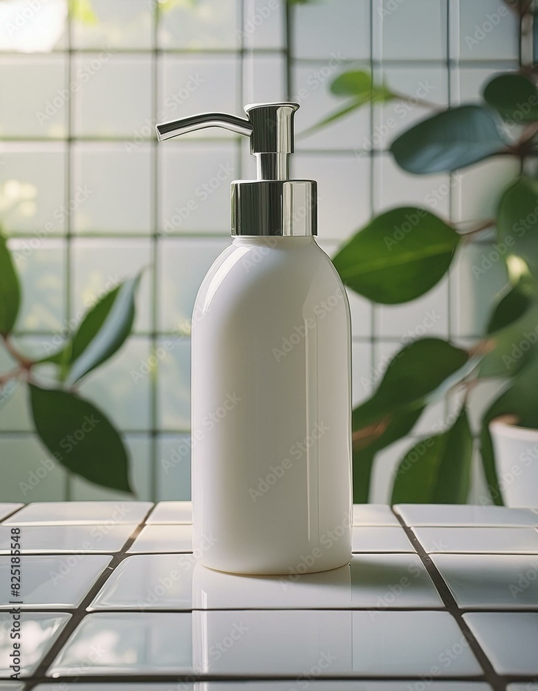 White soap container against white tile bathroom wall. White soap container against white tile bathroom wall.