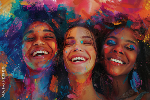Vibrant Artistic Portrait of Three Smiling Women with Colorful Paint Splashes and Joyful Expressions