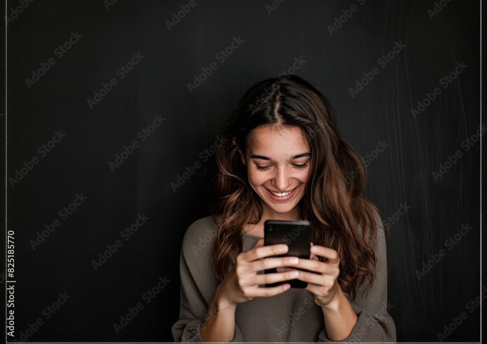 A young woman smiles as she looks at her cell phone, which has a black background, Happy woman using cell phone A young woman smiles as she looks at her cell phone, which has a black background, Happy woman using cell phone