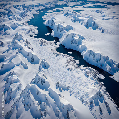 Drone aerial view of Antarctic glaciers, icy and snowy terrain, magnificent scenery, background and banners © StellarK