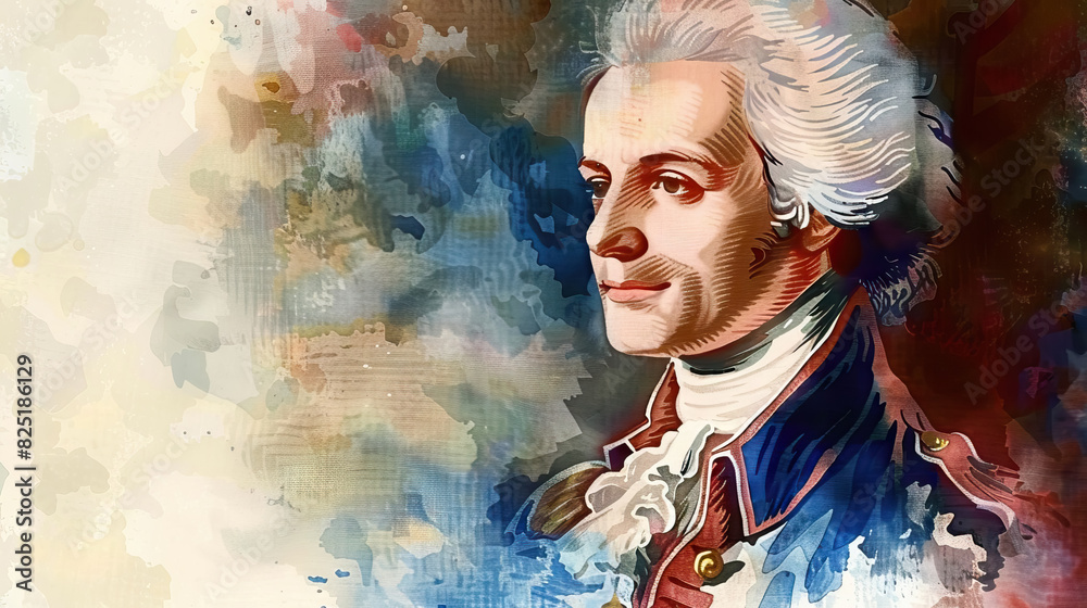 blue, white and red france flag watercolor portrait of Maximilien Robespierre for Bastille Day background with copy space.
