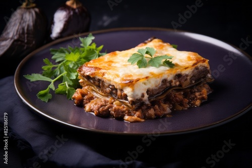 Exquisite moussaka on a slate plate against a silk fabric background
