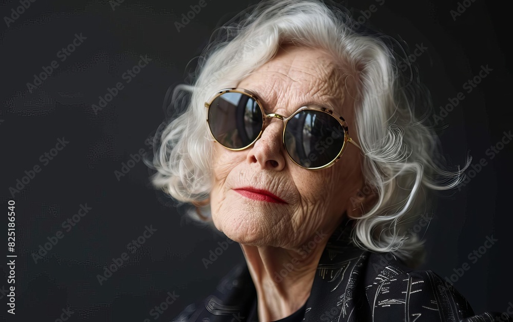 Produce a portrait of an elderly woman wearing sunglasses against an isolate background