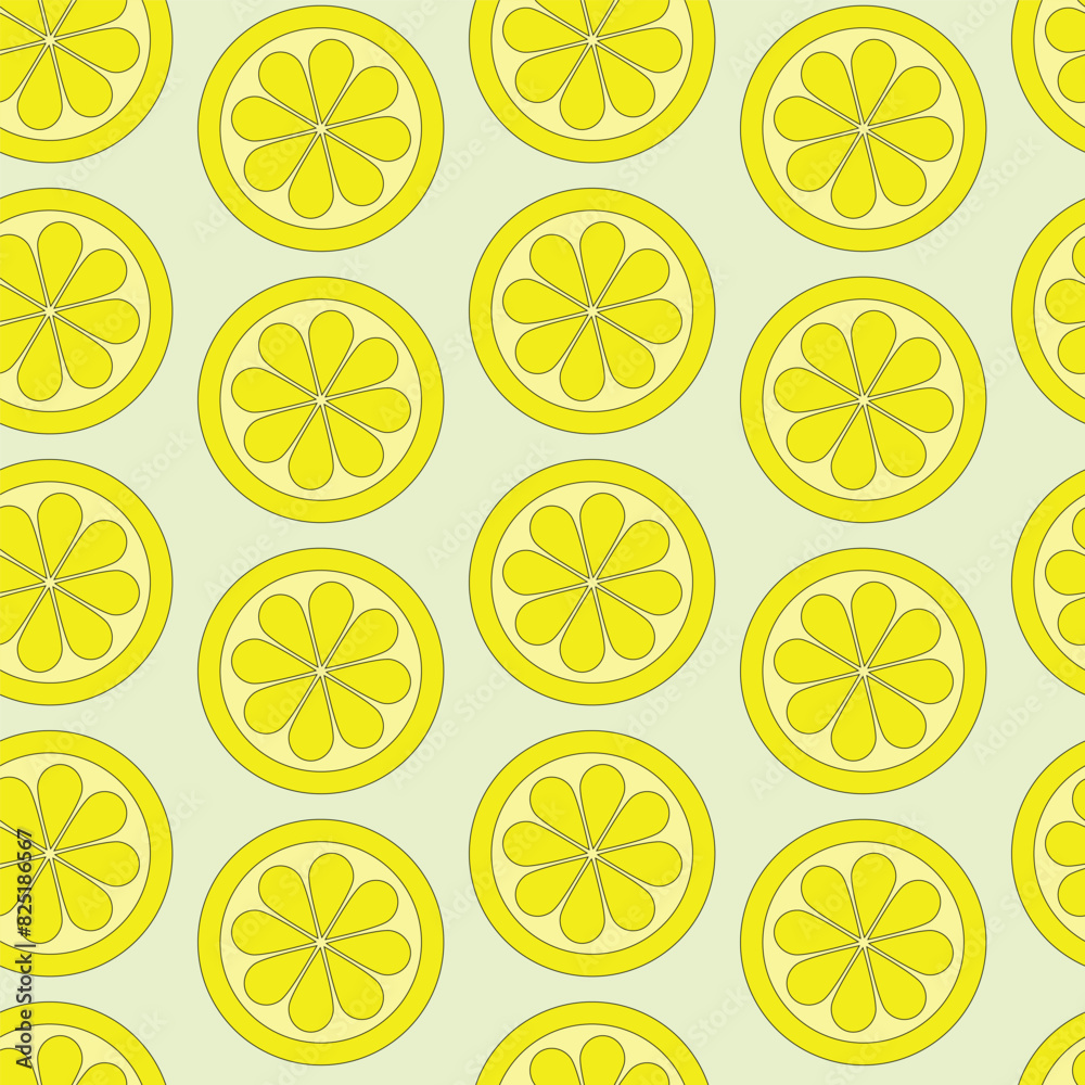 Seamless pattern of yellow lemon slices on a green background.