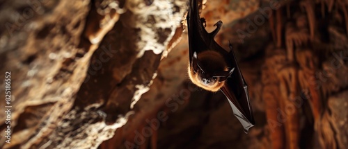 A small brown bat hangs upside down in a cave. photo