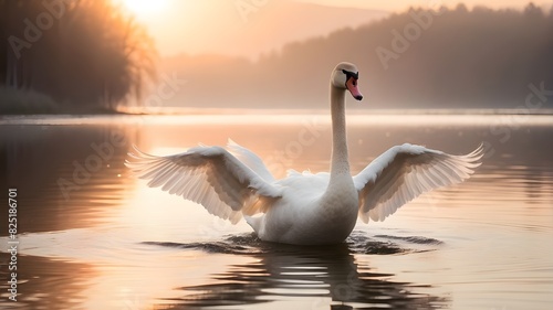A Close-Up Shot of an Elegant White Swan Gliding Across a Calm  Reflective Lake at Dawn  with Mist Rising Gently from the Water  Soft Pink and Gold Light from the Rising Sun Illuminating the Scene  an
