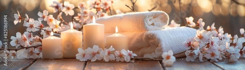 Peaceful wellness scene  candles and soft towel surrounded by fresh cherry blossoms  tranquil morning light