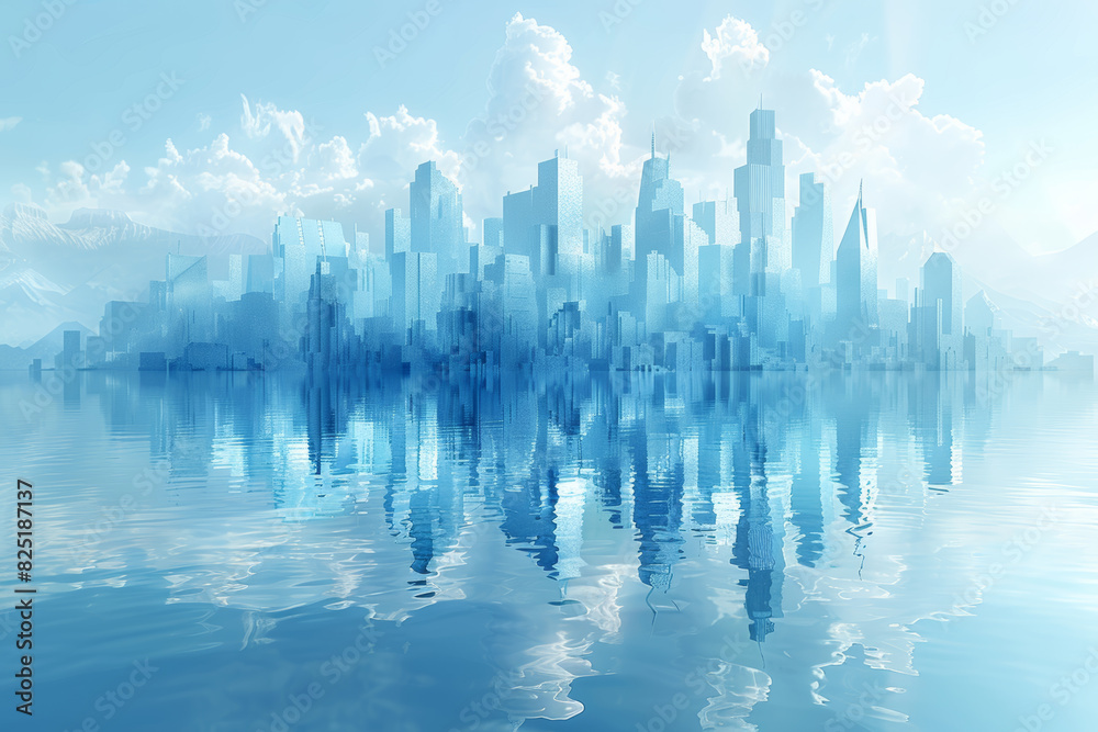 Futuristic City Skyline Reflection on Water with Blue Sky and Clouds