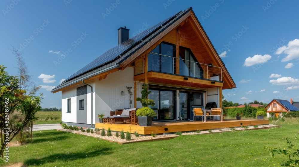 New suburban house with a photovoltaic system on the roof. Modern eco friendly passive house with landscaped yard. Solar panels on the gable roof. New suburban house with a photovoltaic system on the roof. Modern eco friendly passive house with landscaped yard. Solar panels on the gable roof.