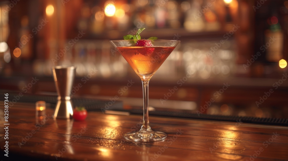 luxury cocktail experience, sophisticated martini cocktail on a wooden bar counter, emanating elegance and refinement, ideal for a luxurious evening