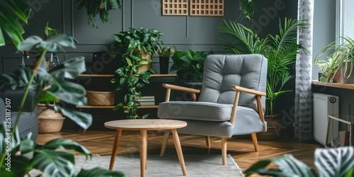 Stylish living room interior. Cozy corner of room for relaxation with gray armchair, wooden coffee table and lush indoor plants to purify the air.  photo