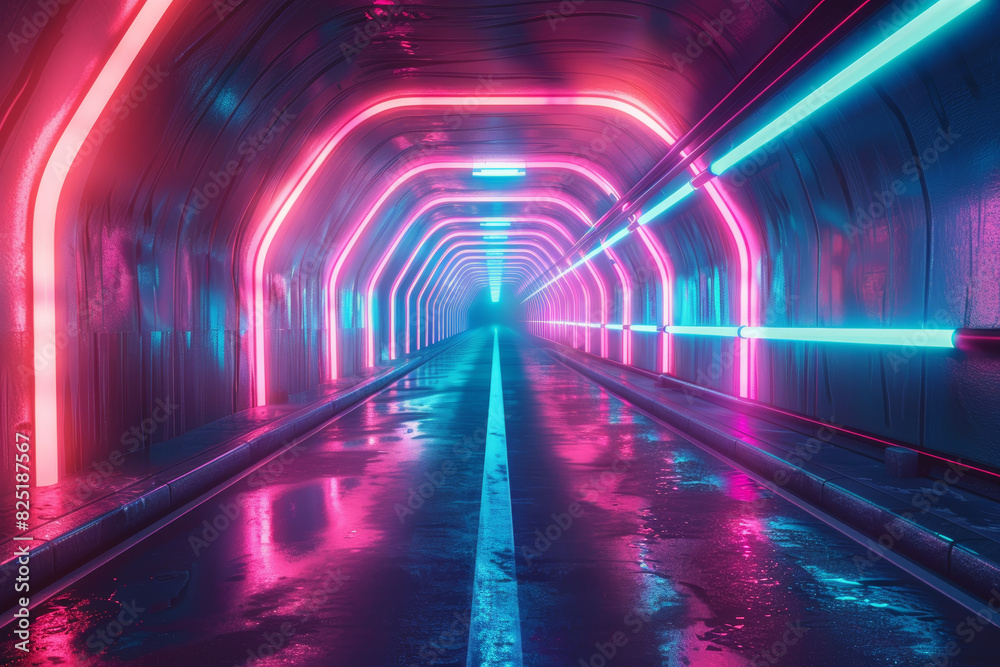 Futuristic Neon Tunnel with Reflective Floor and Vibrant Lighting in Pink and Blue Colors Futuristic Neon Tunnel with Reflective Floor and Vibrant Lighting in Pink and Blue Colors