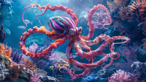 Fototapeta Naklejka Na Ścianę i Meble -  Colorful octopus in an underwater coral reef for marine and fantasy themed designs