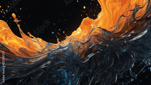 Dynamic Orange and Blue Paint Interaction, Reflecting Artistic Fluidity and Energy