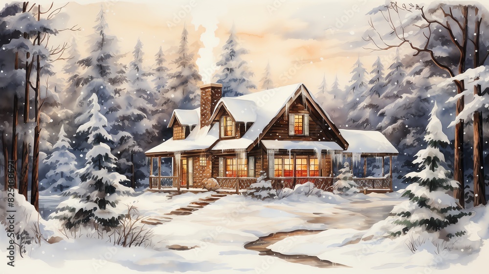 Cozy cabin nestled in a snowy winter forest, with warm lights glowing inside. Cozy cabin nestled in a snowy winter forest, with warm lights glowing inside.