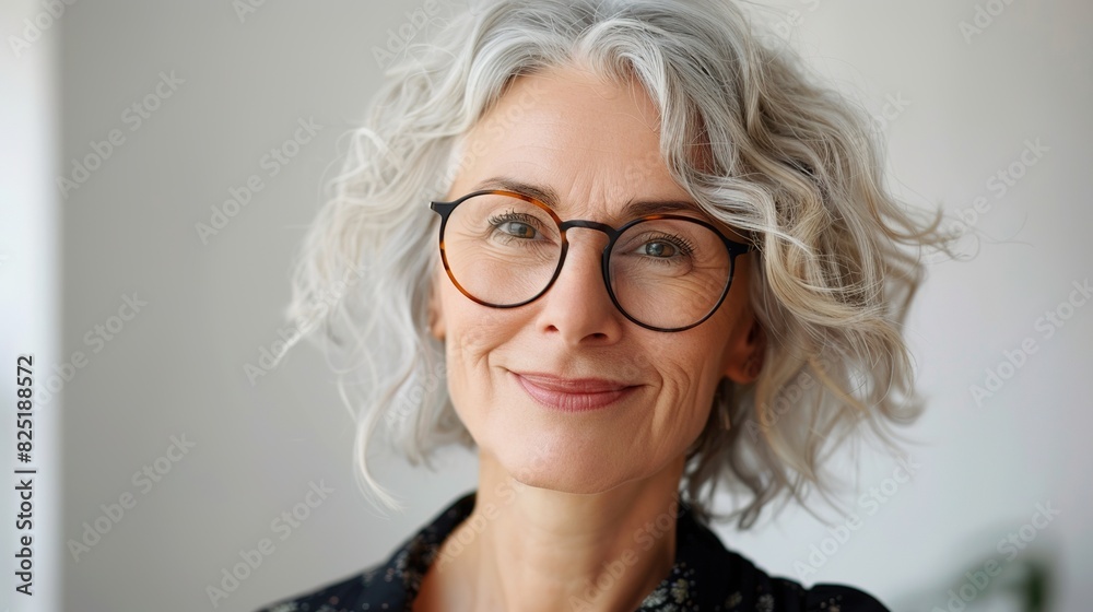 smiling mature businesswoman in eyeglasses, her portrait captured against a pure white backdrop smiling mature businesswoman in eyeglasses, her portrait captured against a pure white backdrop