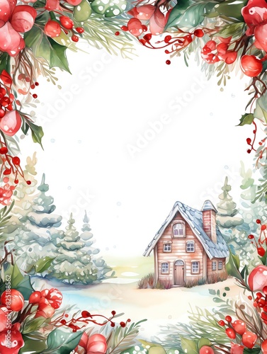Watercolor winter scene with a cozy cabin and snowy trees, framed by festive greenery and berries.