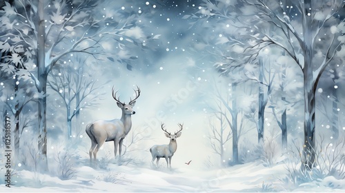 Watercolor illustration of a deer in a snowy forest, perfect for winter holiday or nature themed designs. © Amina