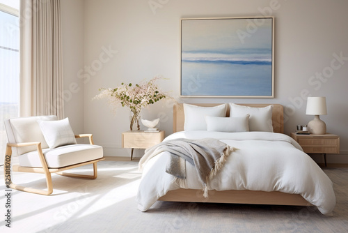 An airy bedroom boasting a light lavender wall  a minimalist sandy beige armchair  and touches of deep blue in the decor  emanating tranquility.