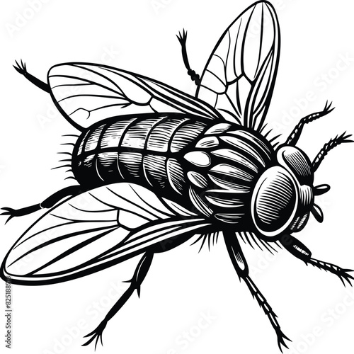 A fly craw linocut. Hand drawn sketch of fly. Retro realistic animal isolated. Vintage style. Doodle