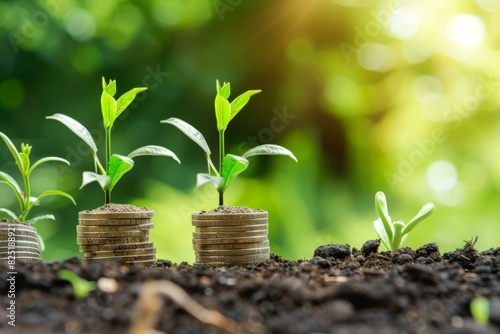 Young saplings sprouting from coin stacks signify investment growth, sustainability, and eco-friendly finance