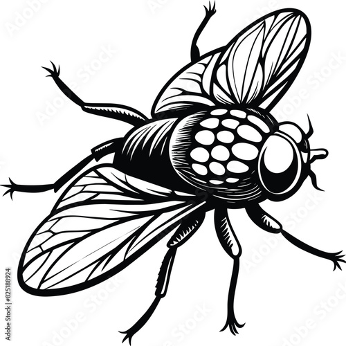 A fly craw linocut. Hand drawn sketch of fly. Retro realistic animal isolated. Vintage style. Doodle