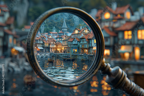 Magnifying Glass Focus on Quaint Waterfront Village at Dusk with Warm Lights
