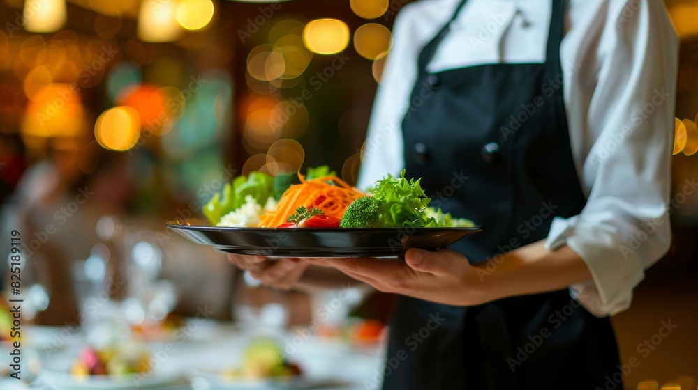 Closeup of waitress in uniform holding tray with delicious food in elegant restaurant or hotel hall