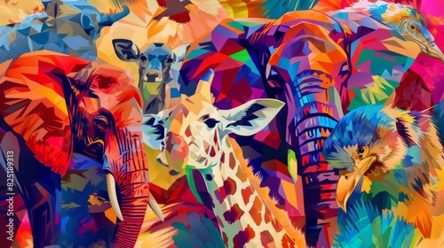 An AI art generator creating a funky and colorful group of mismatched animals photo