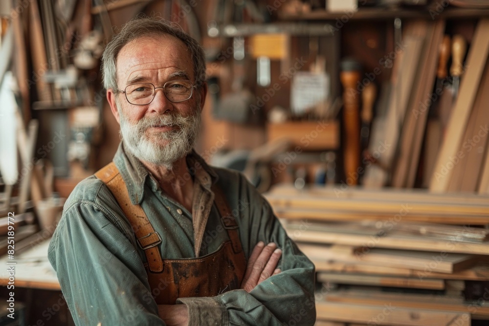 Elderly carpenter joyfully crafts in busy workshop, with tools and wood, displaying years of talent and experience in woodworking craft Elderly carpenter joyfully crafts in busy workshop, with tools and wood, displaying years of talent and experience in woodworking craft