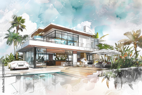 Modern Beachfront Villa with Luxury Amenities and Palm Trees under Bright Sky
