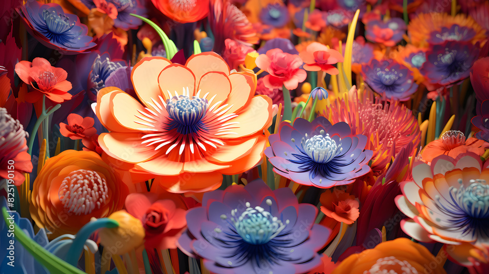 Digital 3d psychedelic flowers and plants abstract background