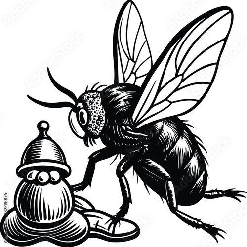 A fly craw linocut. Hand drawn sketch of fly. Retro realistic animal isolated. Vintage style. Doodle