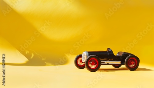 Vintage electric toy racer on sunny yellow background with copy space