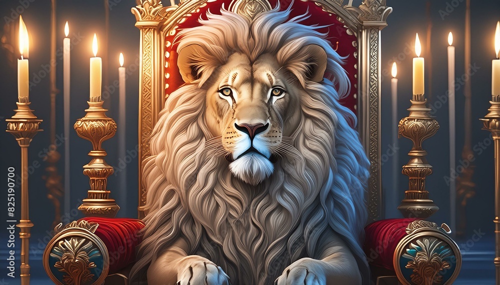 Royal lion sitting on a throne, candles Royal lion sitting on a throne, candles