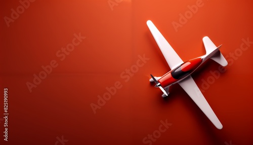 Streamlined electric toy plane on crimson red background with copy space
