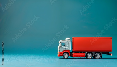 Toy electric semi-truck on prussian blue background with copy space photo
