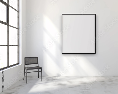 a rendering of a empty room with a chair and a picture frame