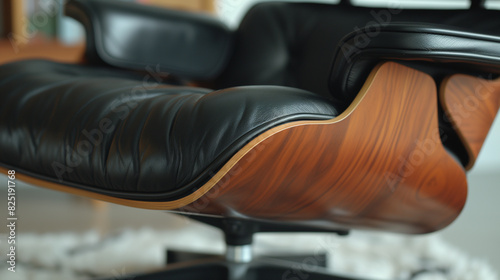 a close up of a black leather chair with a wooden base © Tasfia Ahmed